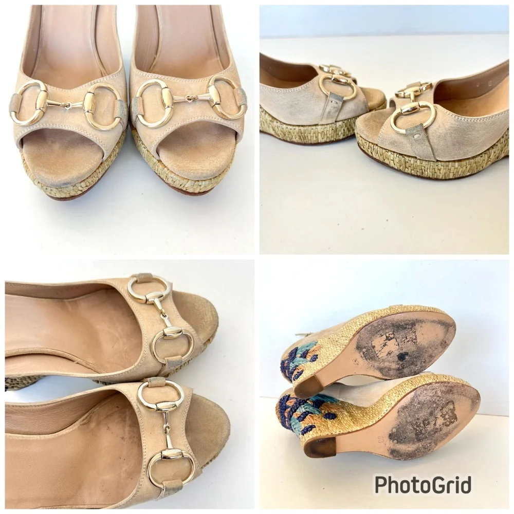GUCCI Floral Embroidery Beige Suede Horsebit Ankle Strap Wedges Espadrilles Sz 8
